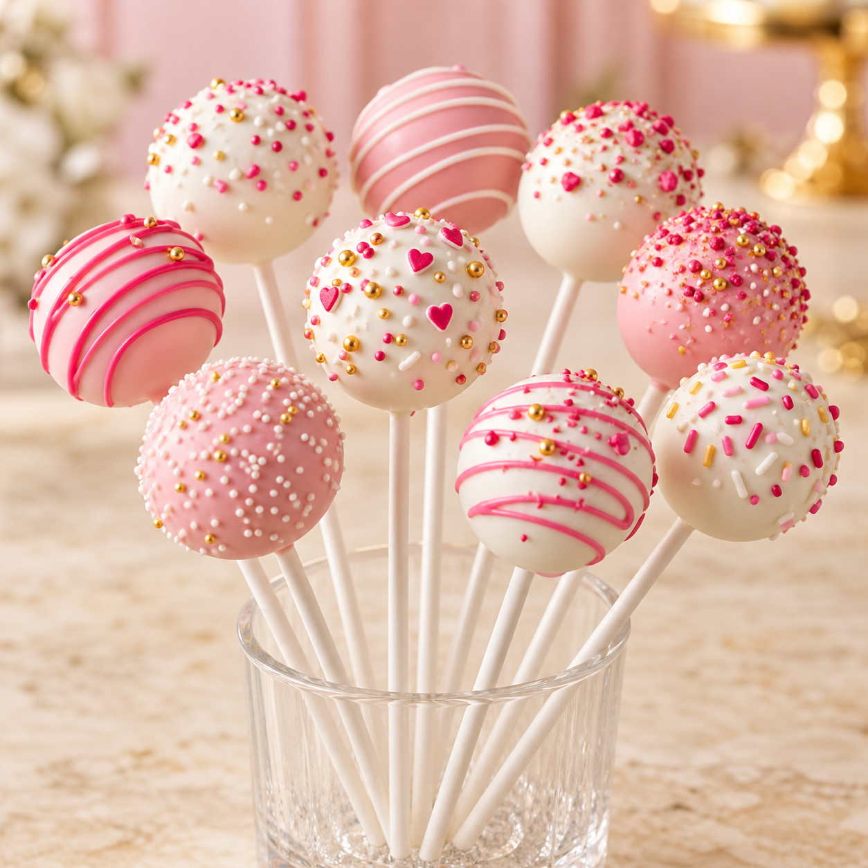 Assorted decorated cake pops with drizzle and sprinkles.