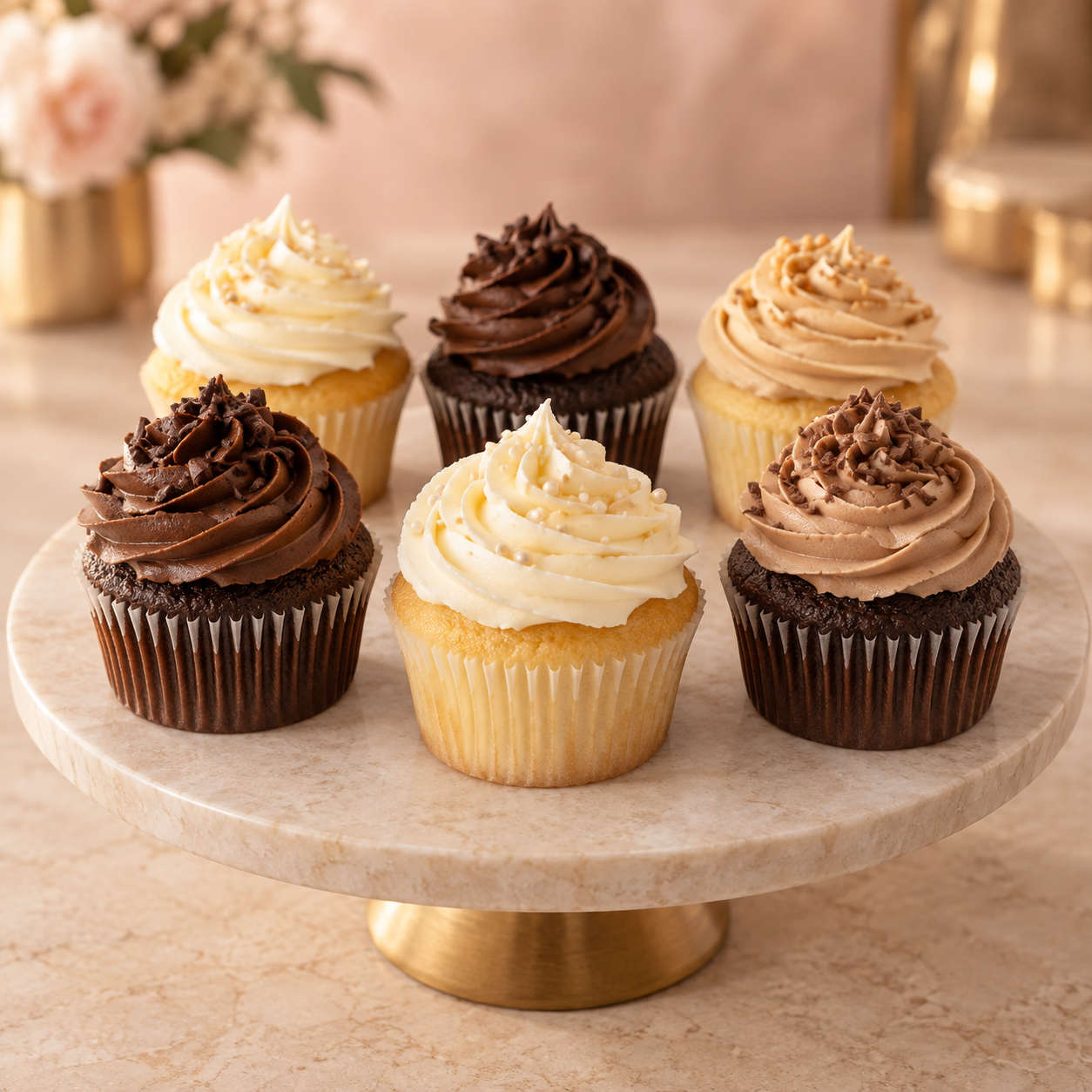 Assorted cupcakes with light and chocolate frosting.