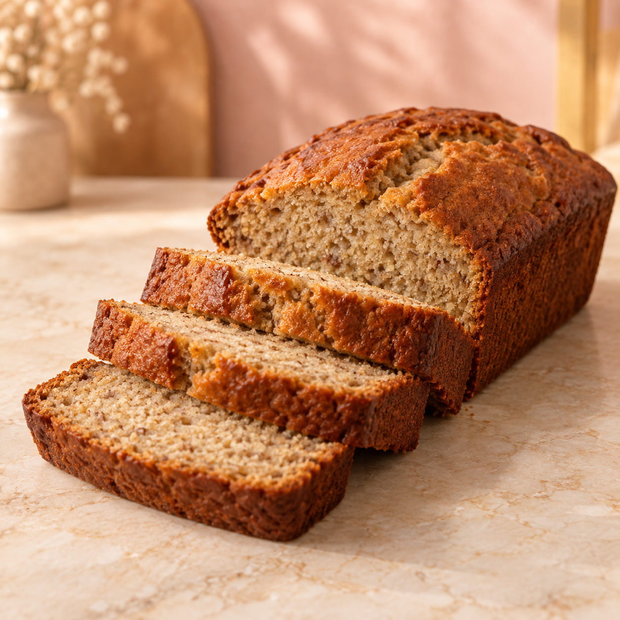 Sliced golden banana bread loaf.