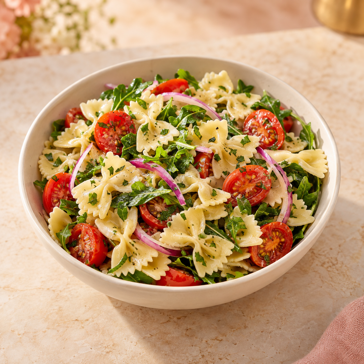 Bow-tie pasta salad with tomatoes, red onion, and greens.