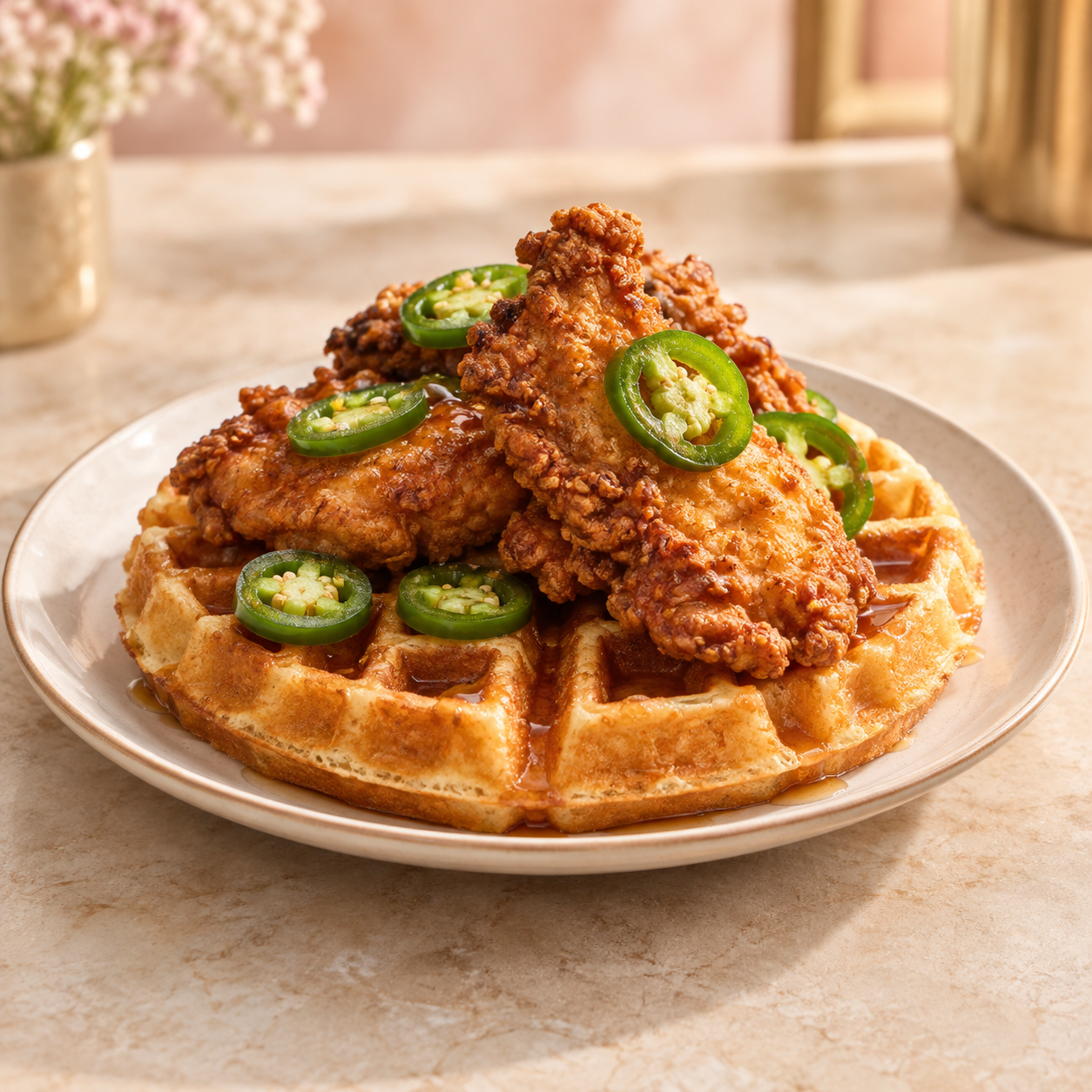 Fried chicken and waffles with sliced jalapeños.