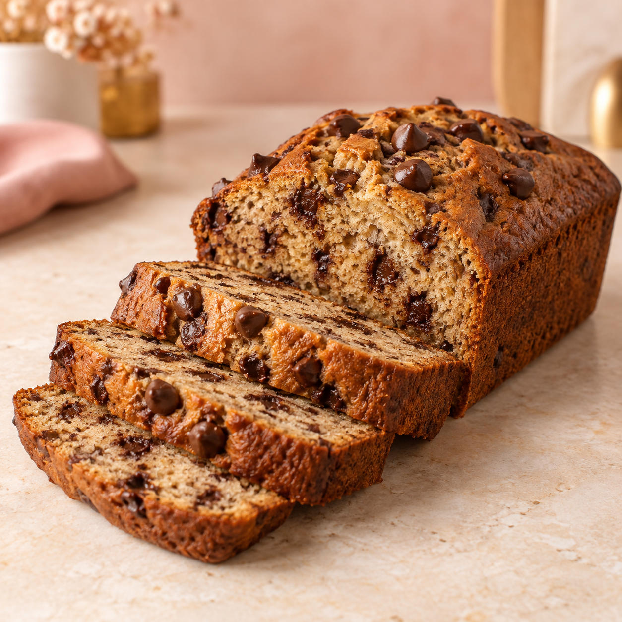 Sliced chocolate chip banana bread loaf.