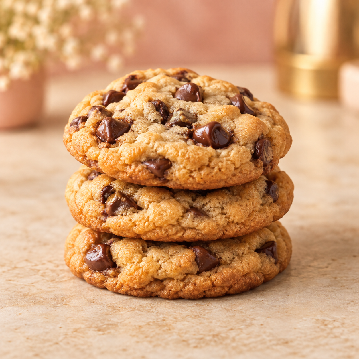 Stacked golden chocolate chip cookies.