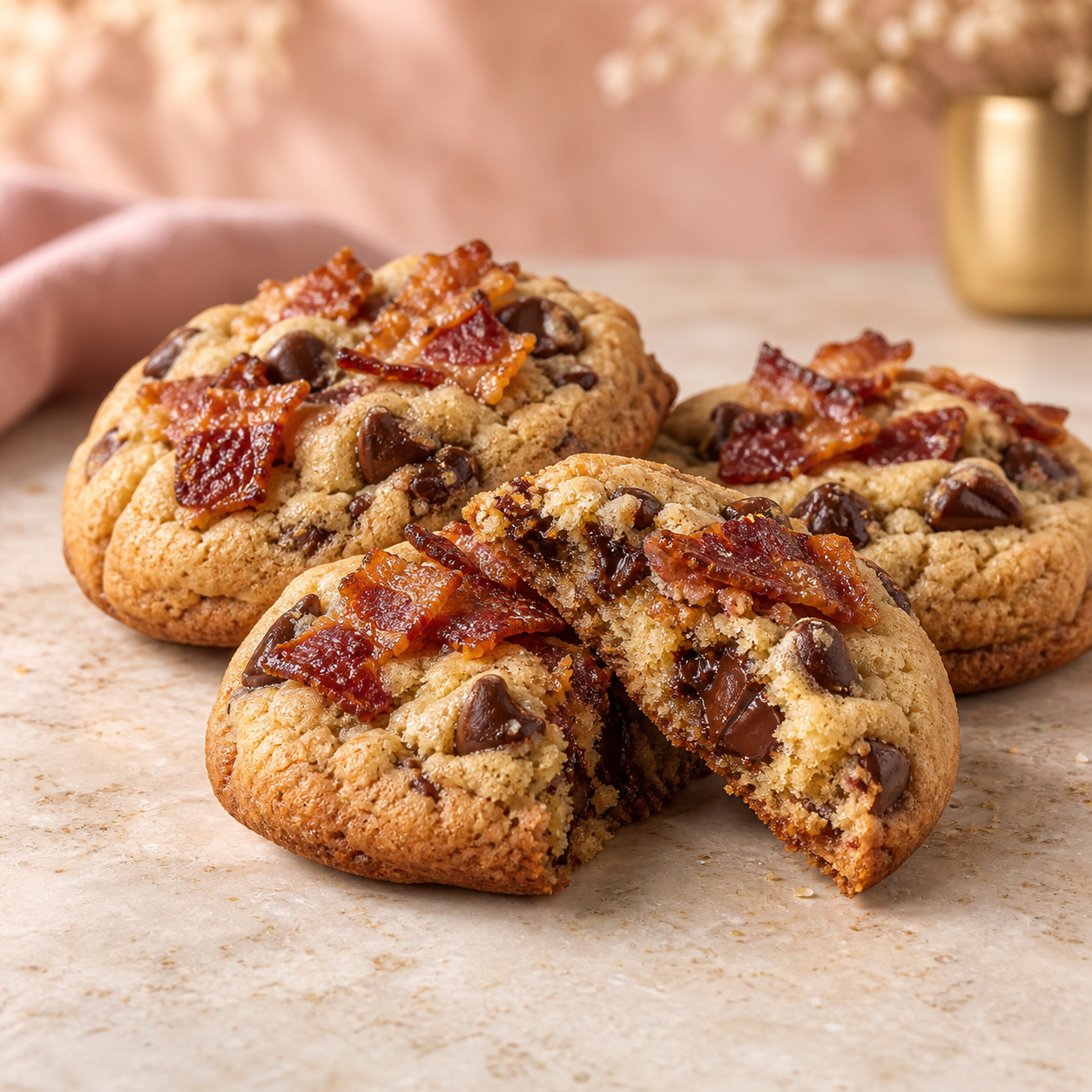 Chocolate chip maple bacon cookies arranged on a plate.