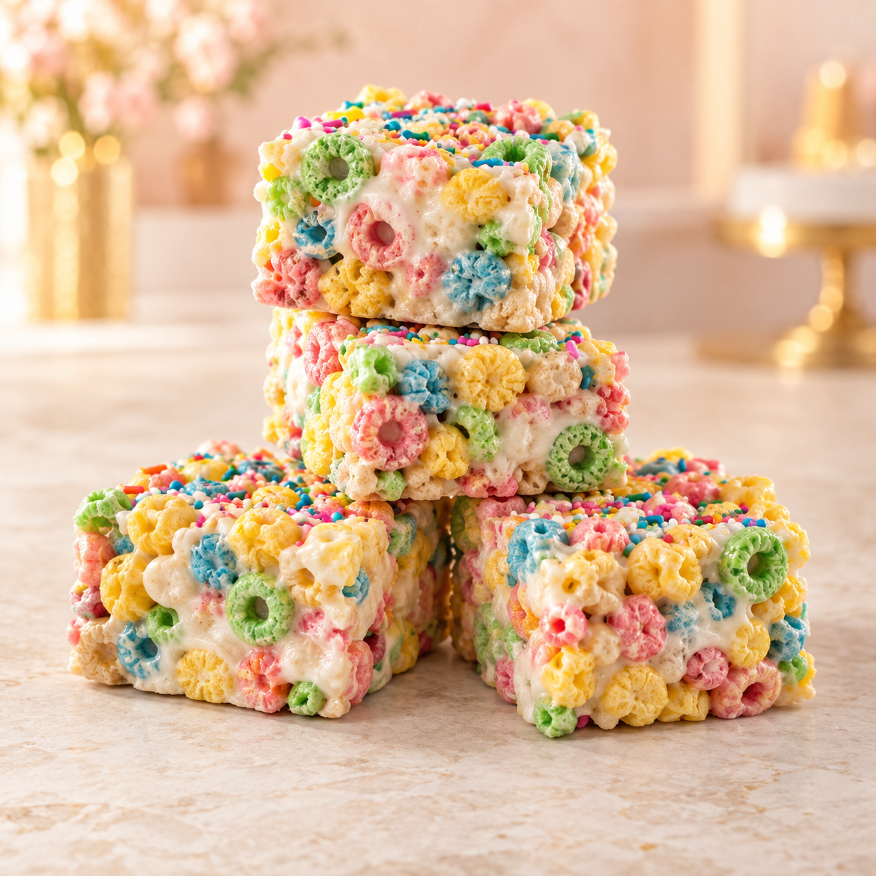 Colorful marshmallow cereal treat squares with sprinkles.