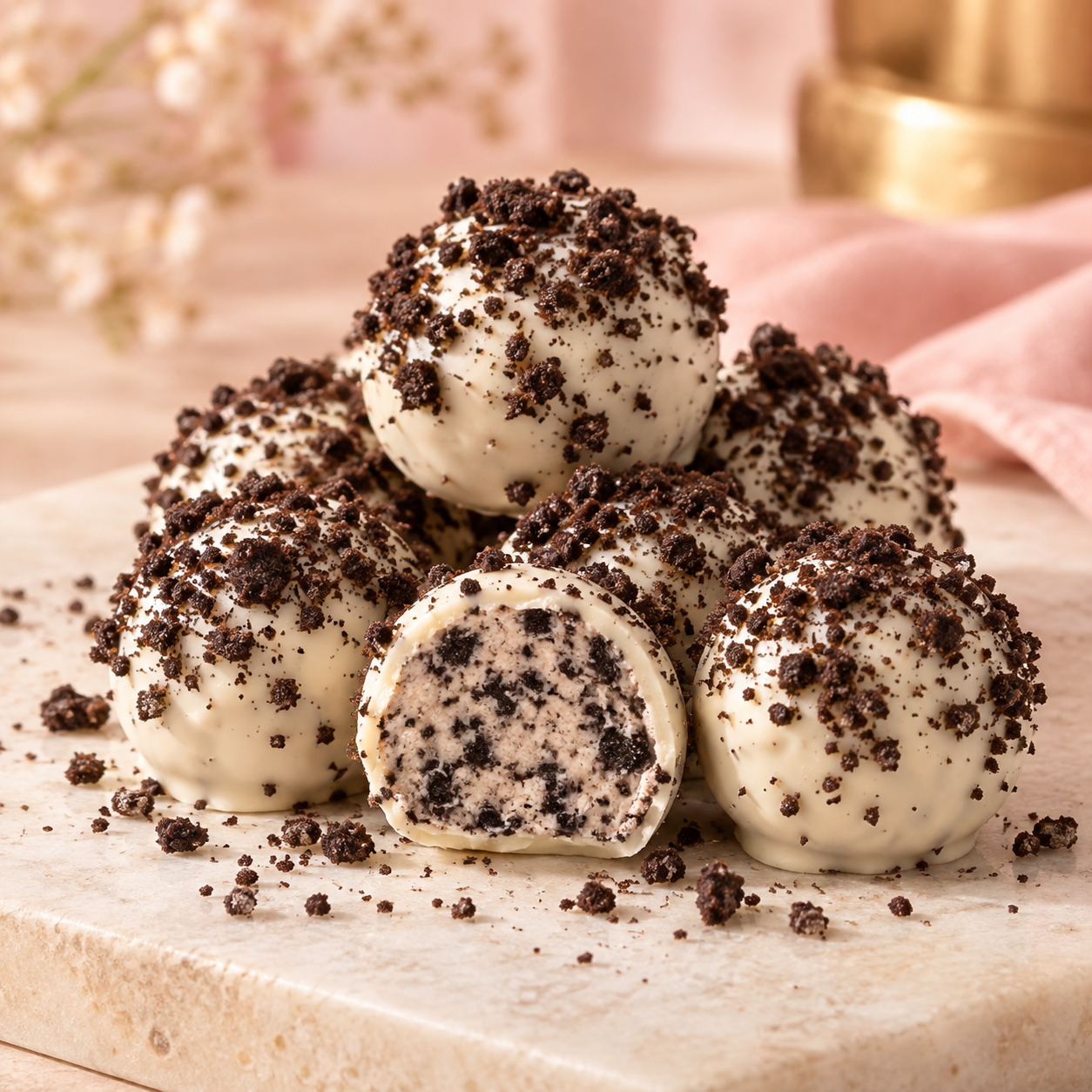 Light-coated cookies-and-cream truffles finished with dark cookie crumbs.
