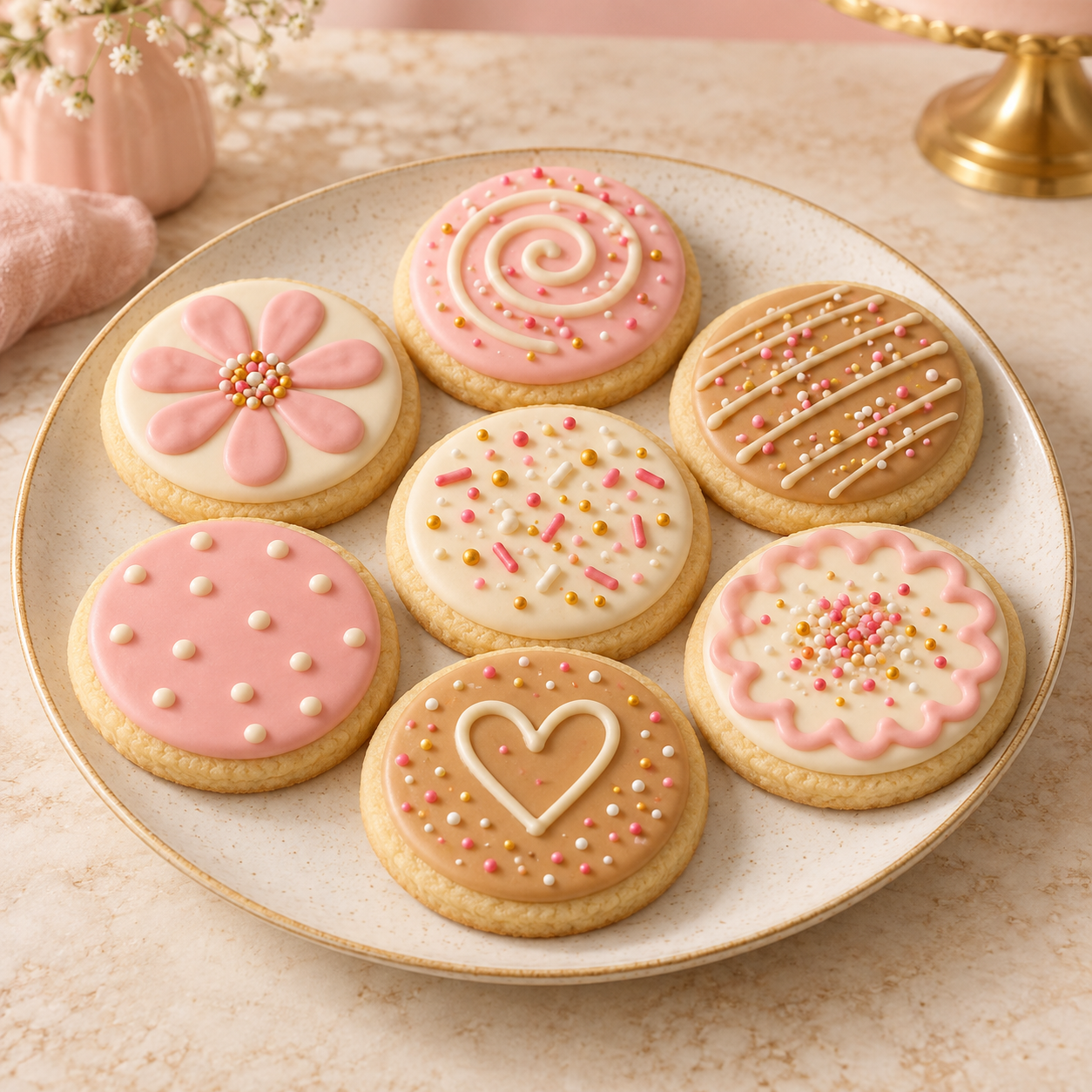 Assorted round sugar cookies with colorful piped icing.
