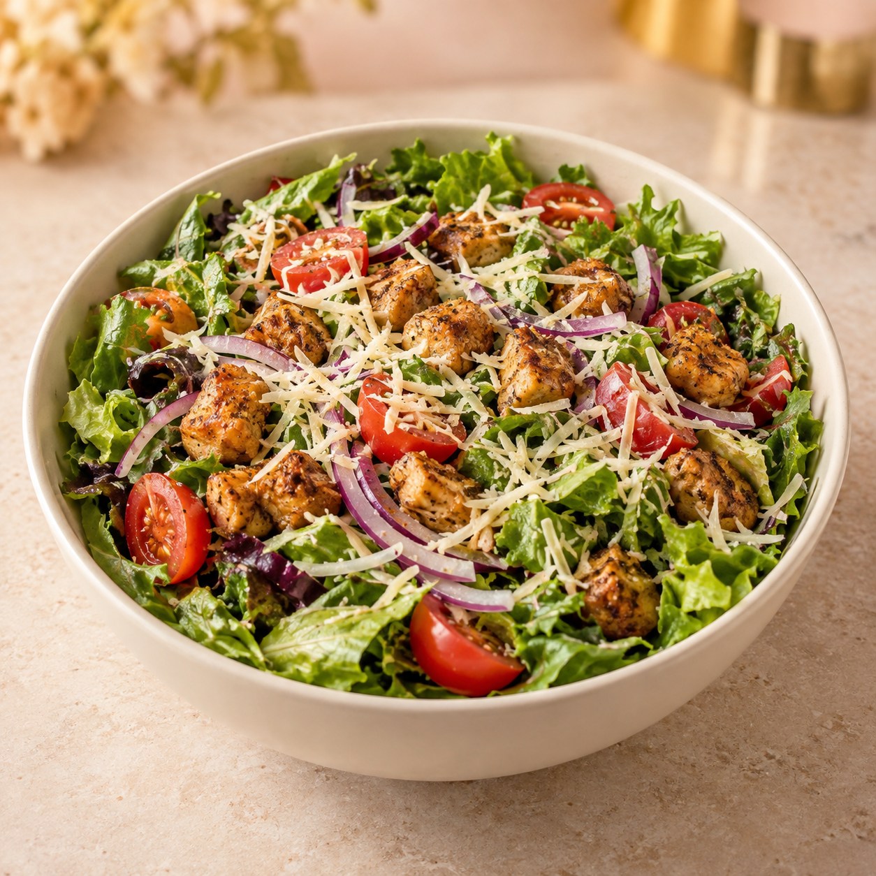 Loaded salad bowl with greens, tomatoes, onion, cheese, and a savory topping.