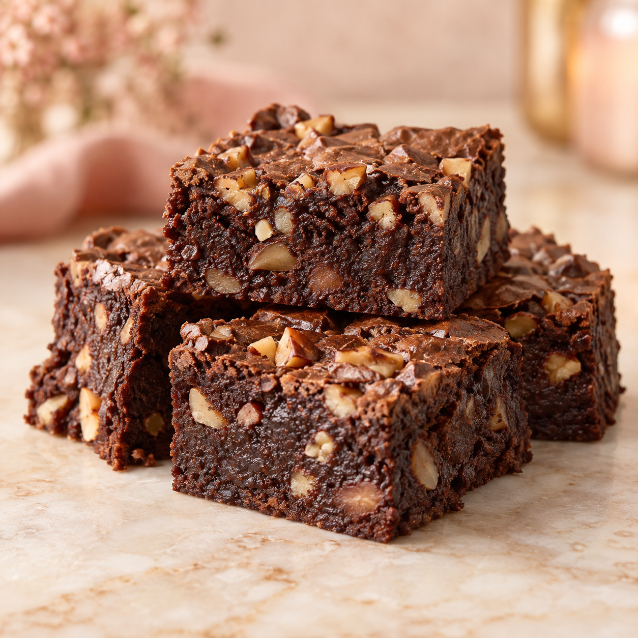 Chocolate brownie squares topped with nuts.