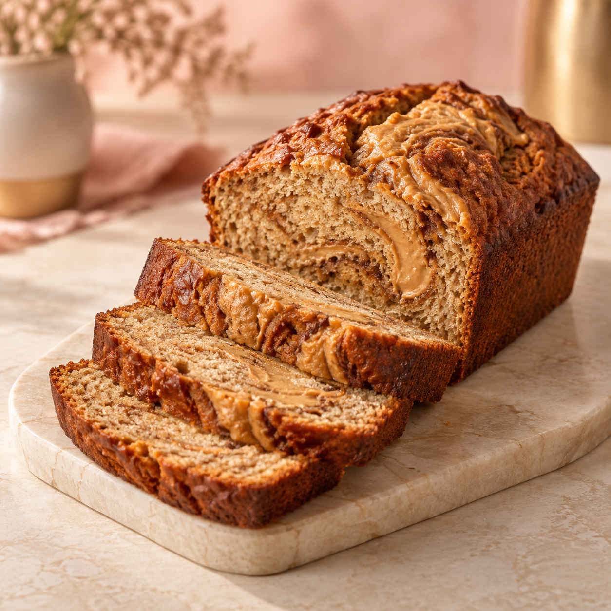 Sliced peanut butter banana bread loaf.