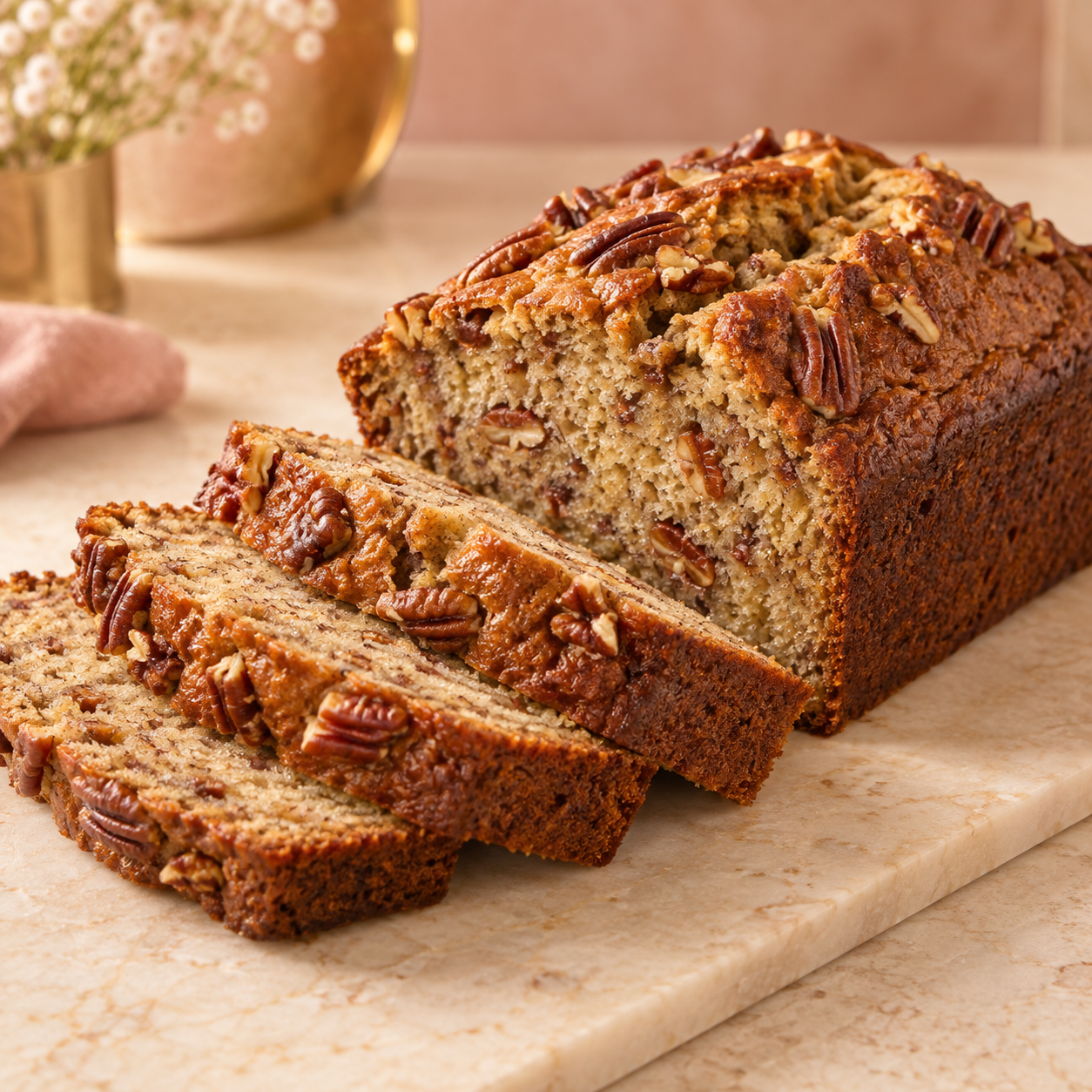 Sliced pecan banana bread loaf.