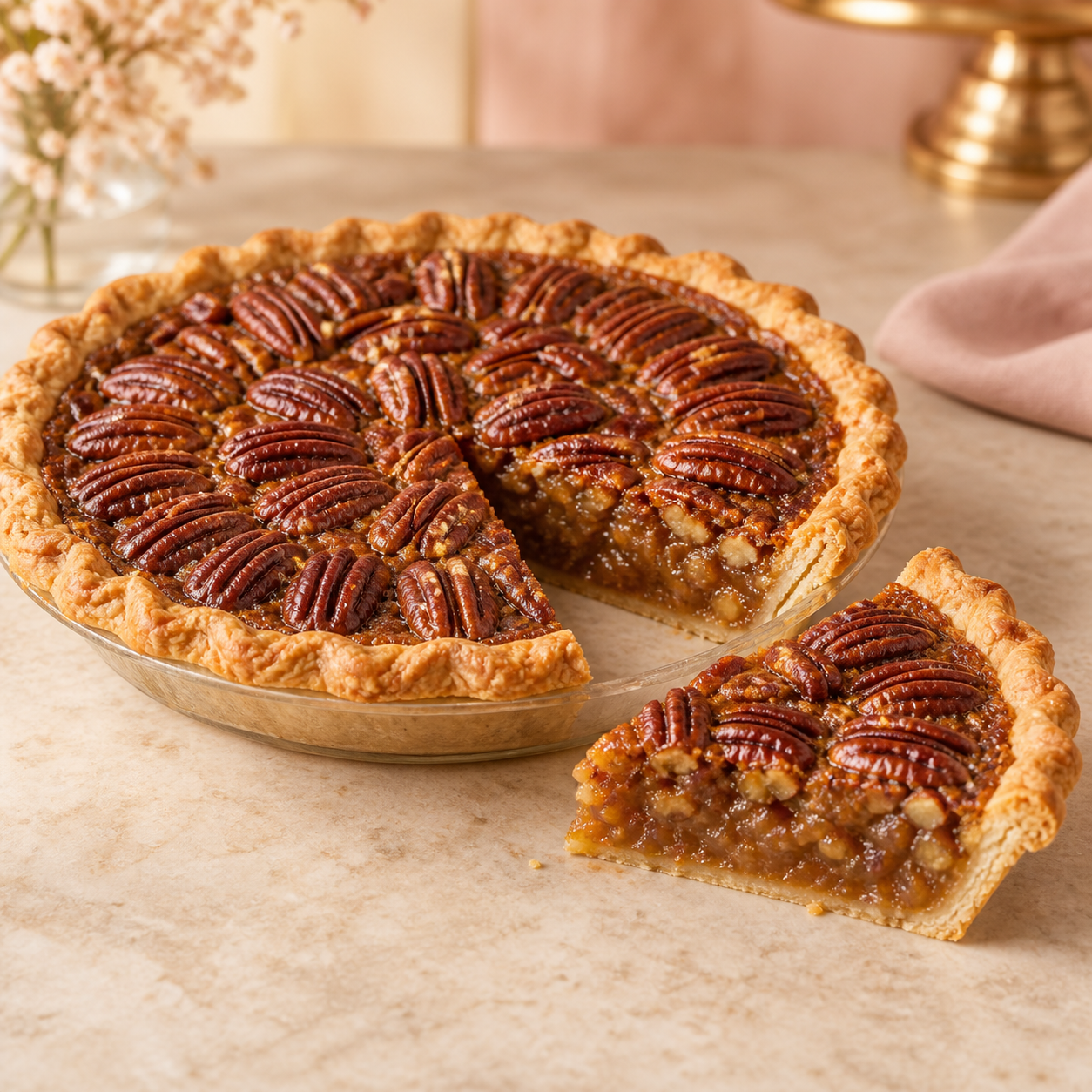 Whole pecan pie with one slice removed.
