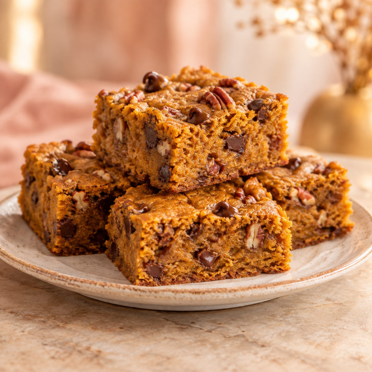 Pumpkin pecan chocolate chip blondie squares.