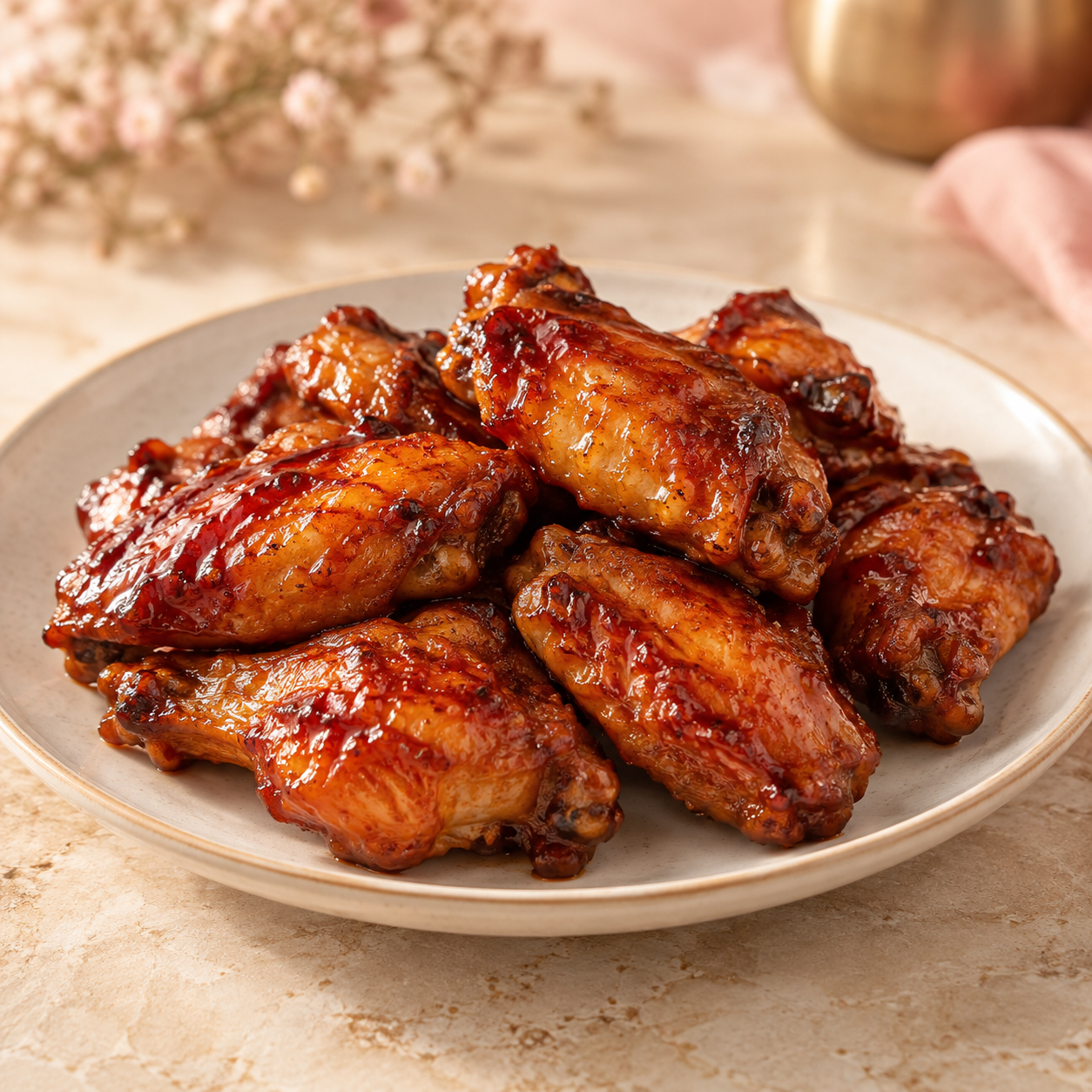 Glossy sauced chicken wings arranged for serving.