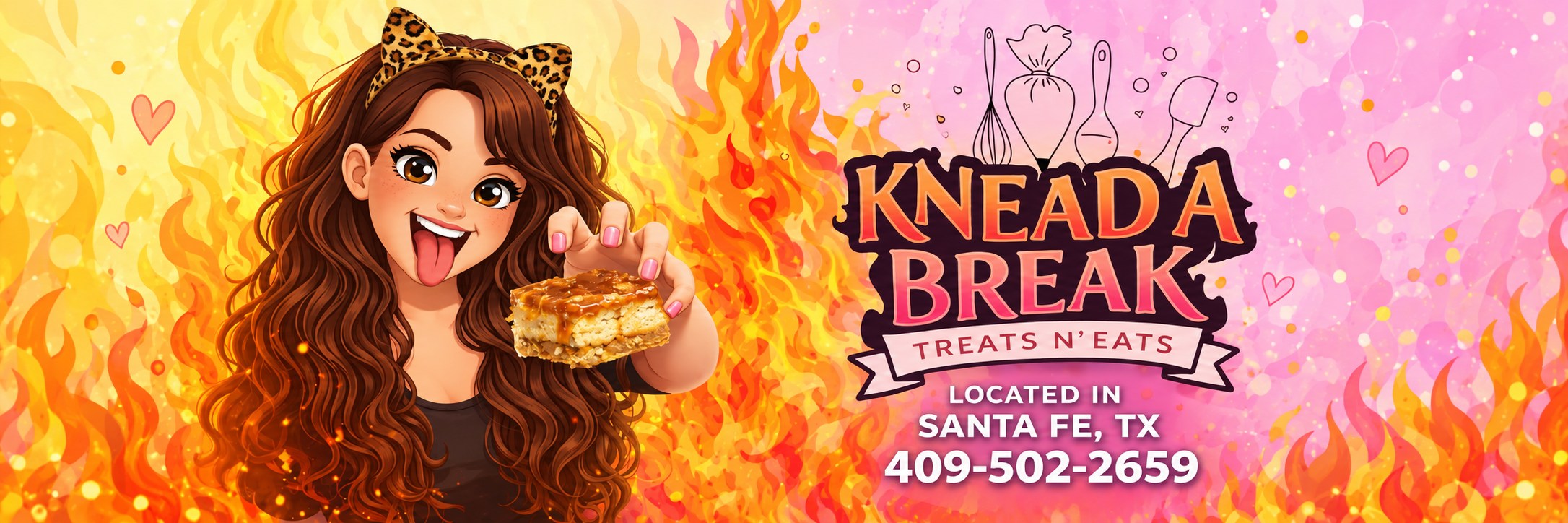 Knead A Break Treats N' Eats banner with the illustrated brand character and treat.
