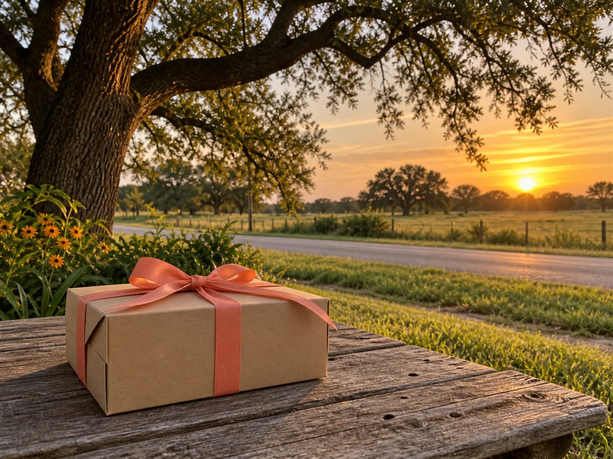 A ribbon-tied treat box overlooking the green countryside near Santa Fe, Texas at sunset.