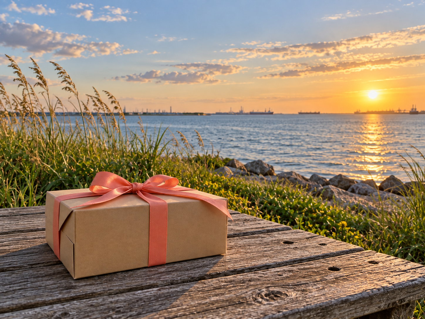 A ribbon-tied treat box beside the Texas City waterfront on Galveston Bay at sunset.
